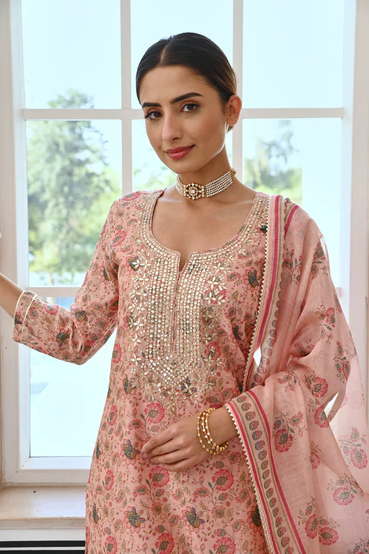 Rose Pink Gota Patti Neck Embroidery Kurta Set