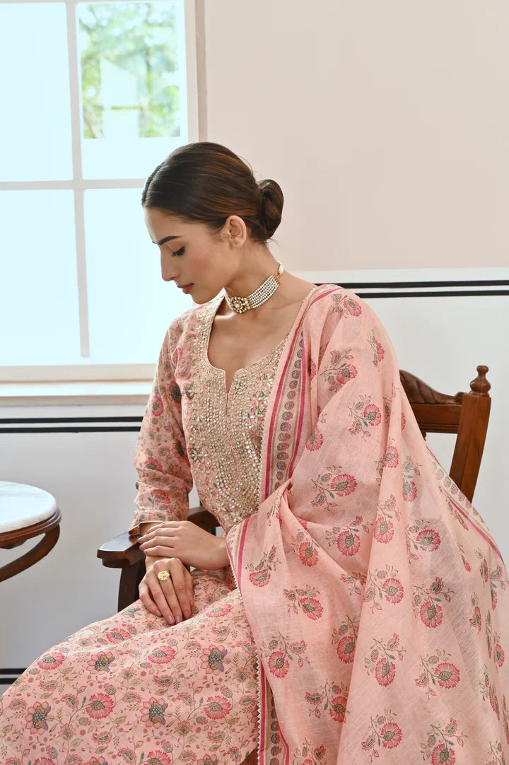 Rose Pink Gota Patti Neck Embroidery Kurta Set
