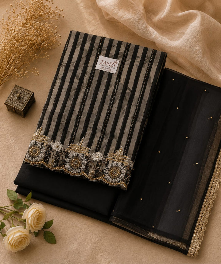 Elegant Black Embroidered Kurta Set with Organza Dupatta for Women