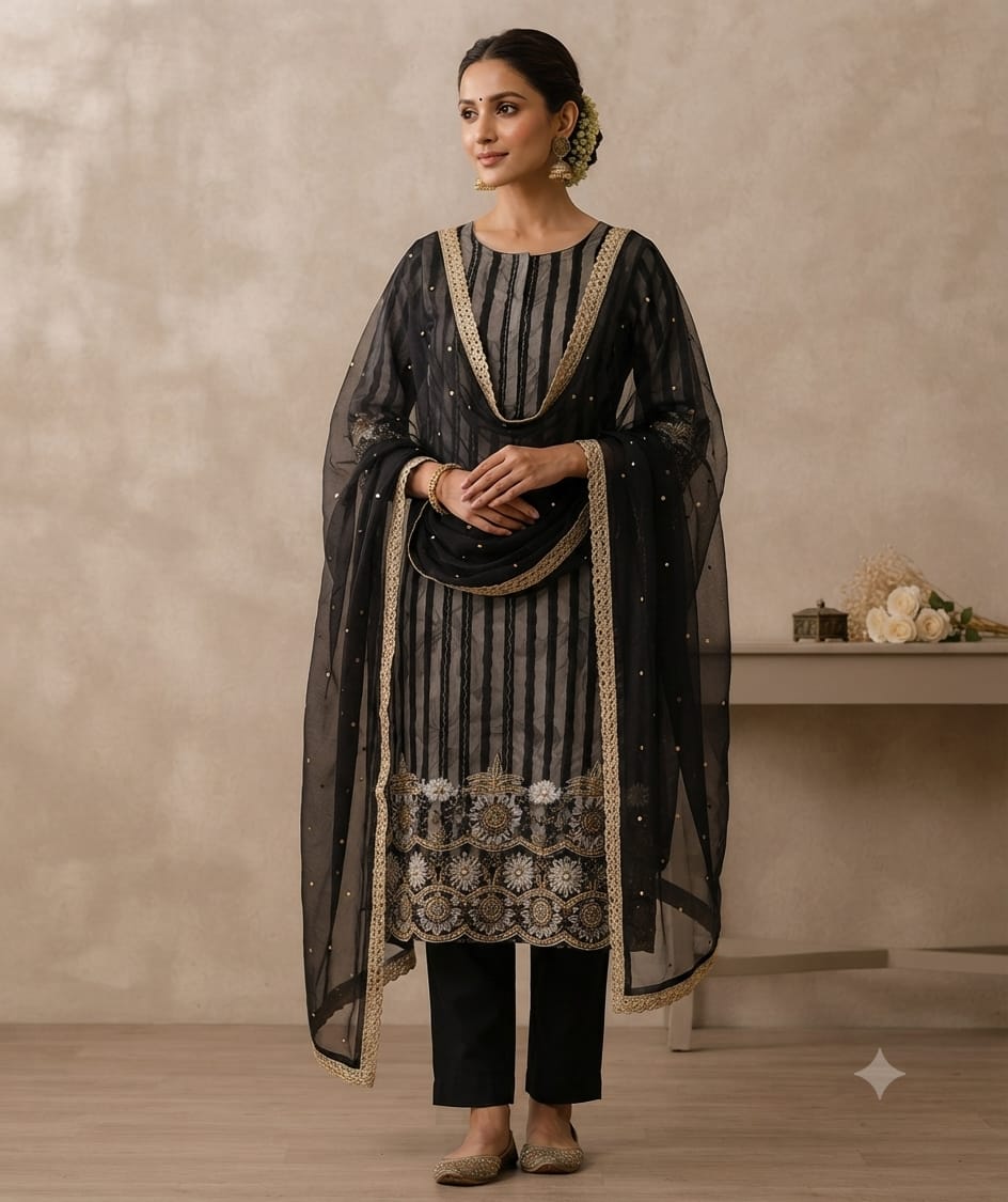 Elegant Black Embroidered Kurta Set with Organza Dupatta for Women