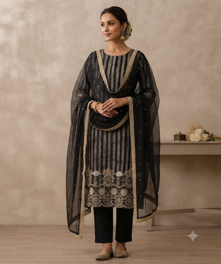 Elegant Black Embroidered Kurta Set with Organza Dupatta for Women
