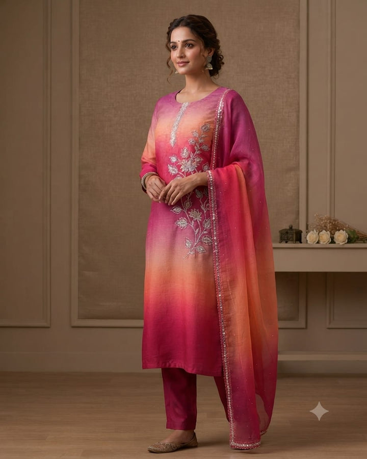 Elegant Pink Ombre Embroidered Kurta Set with Dupatta for Women