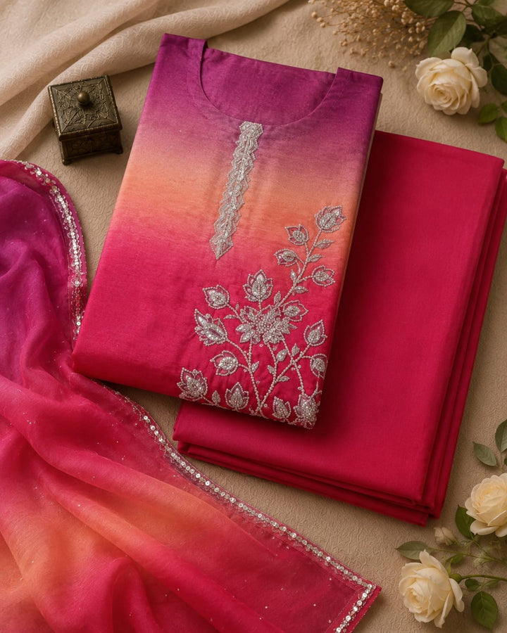 Elegant Pink Ombre Embroidered Kurta Set with Dupatta for Women