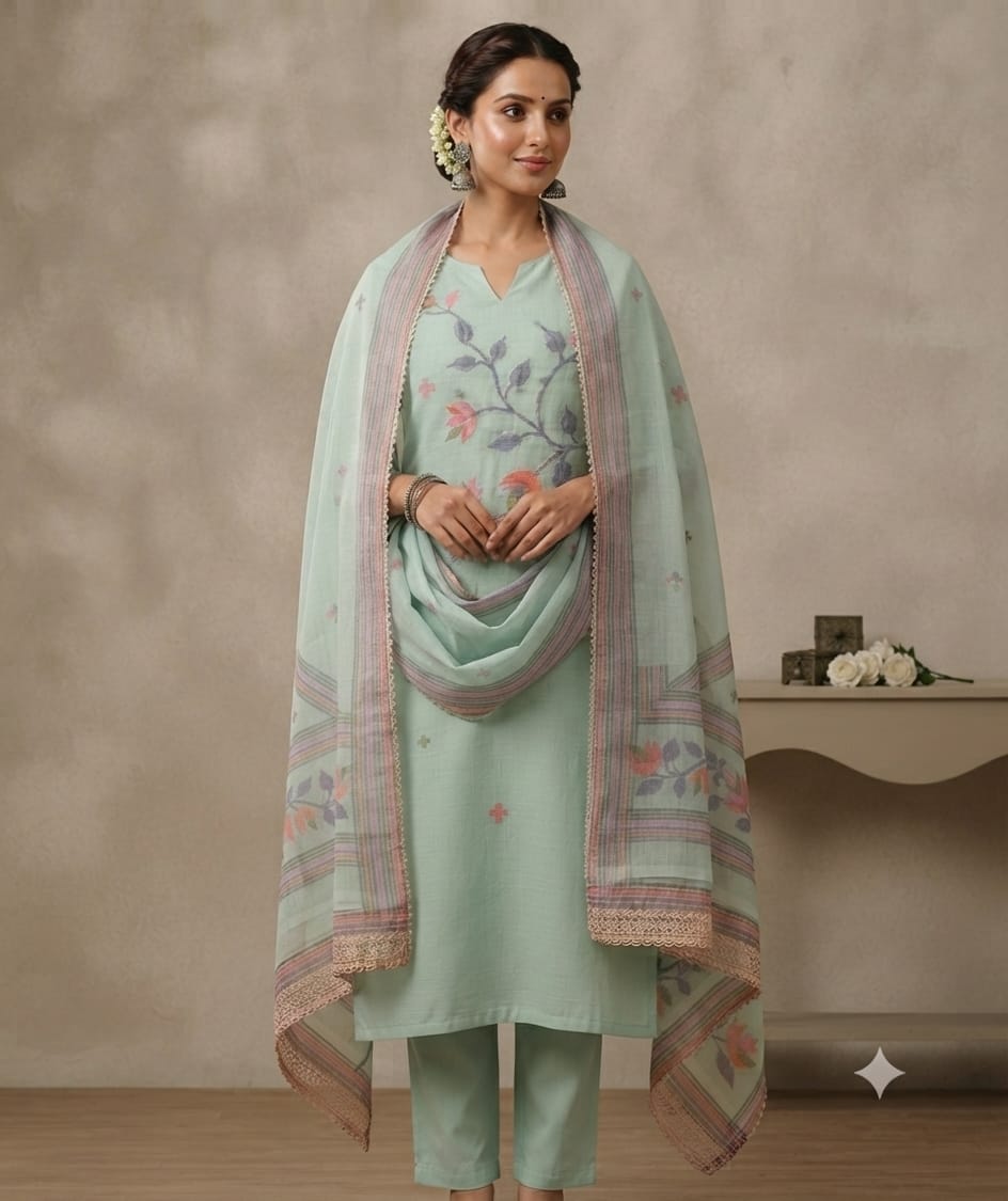 Elegant Mint Green Floral Printed Kurta Set with Dupatta for Women