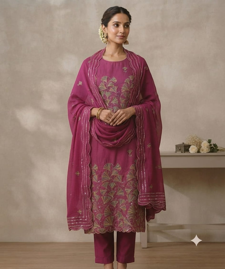 Elegant Magenta Embroidered Kurta Set with Dupatta for Women