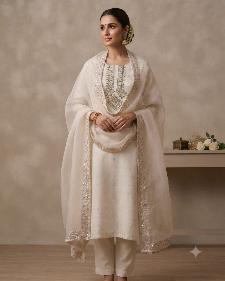 Elegant Ivory Embroidered Kurta Set with Organza Dupatta for Women