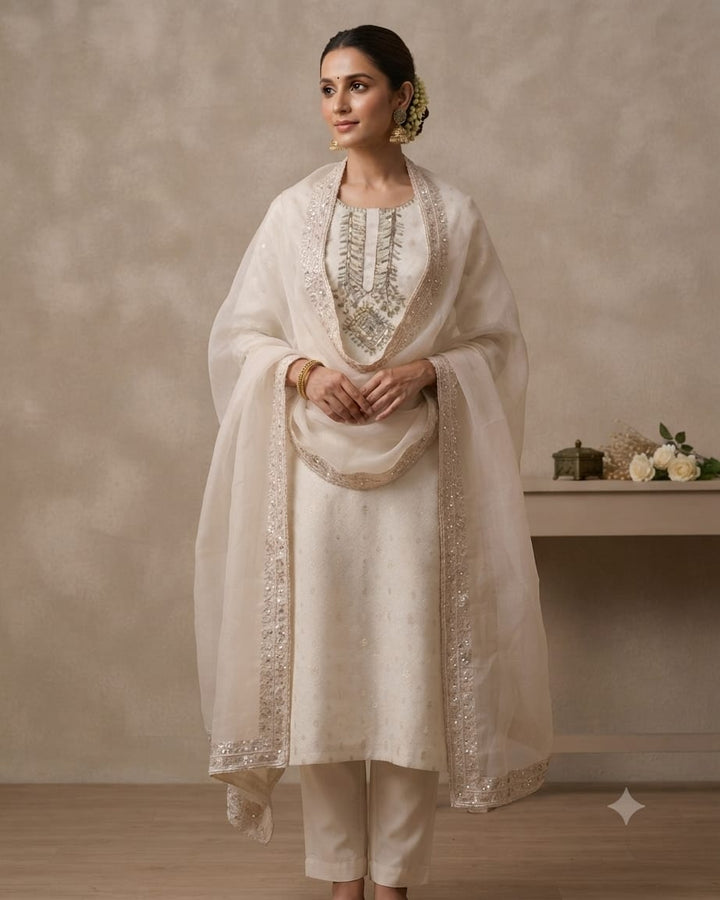 Elegant Ivory Embroidered Kurta Set with Organza Dupatta for Women