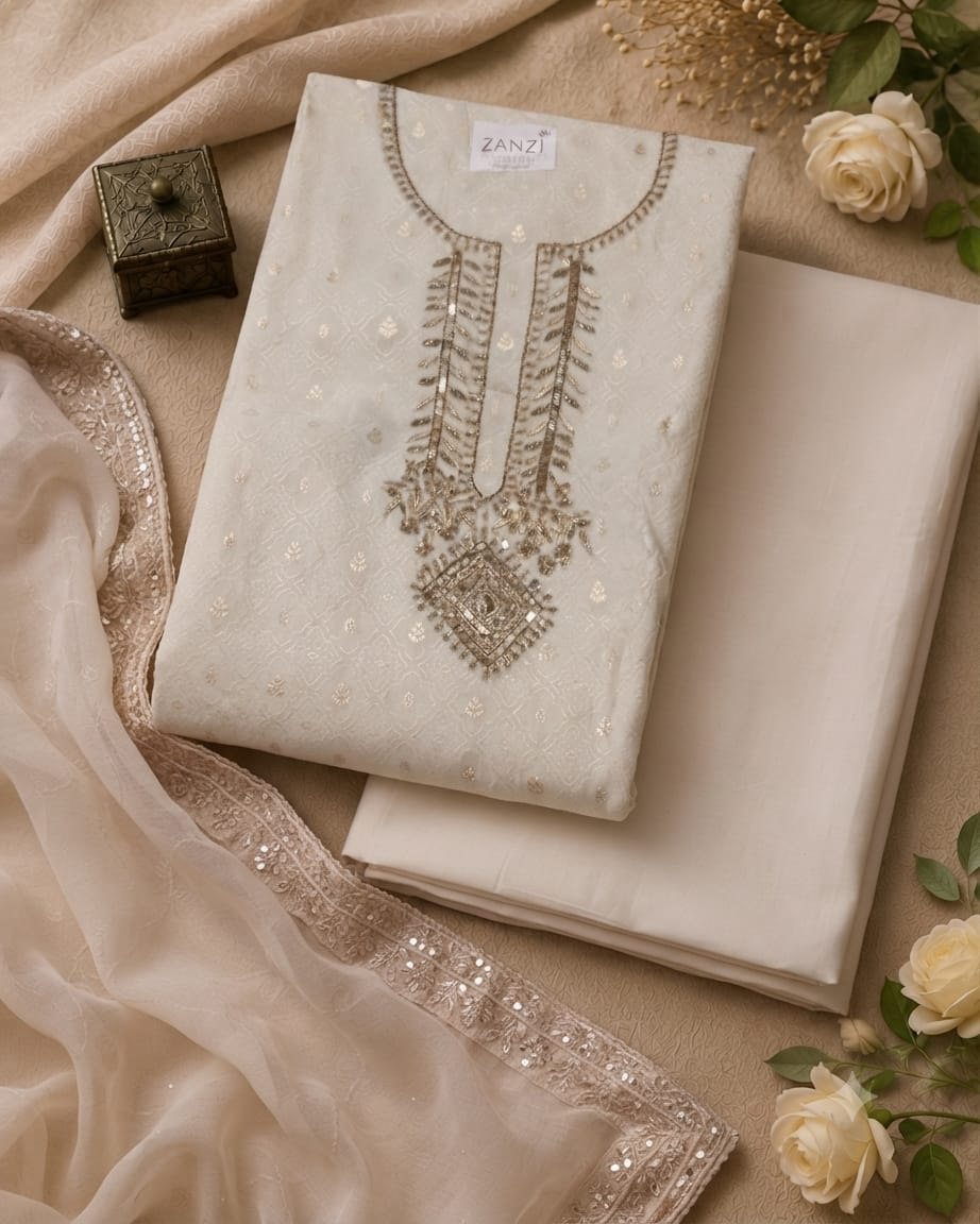 Elegant Ivory Embroidered Kurta Set with Organza Dupatta for Women