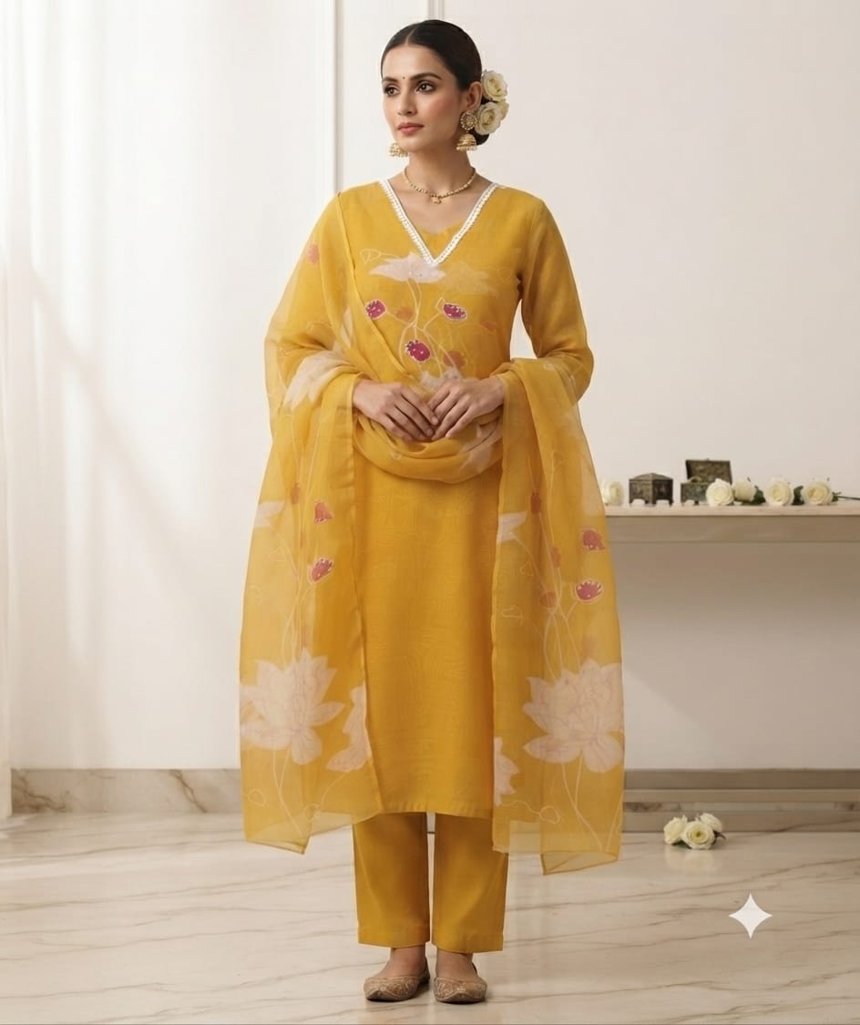 Elegant Mustard Yellow Floral Printed Kurta Set with Dupatta for Women