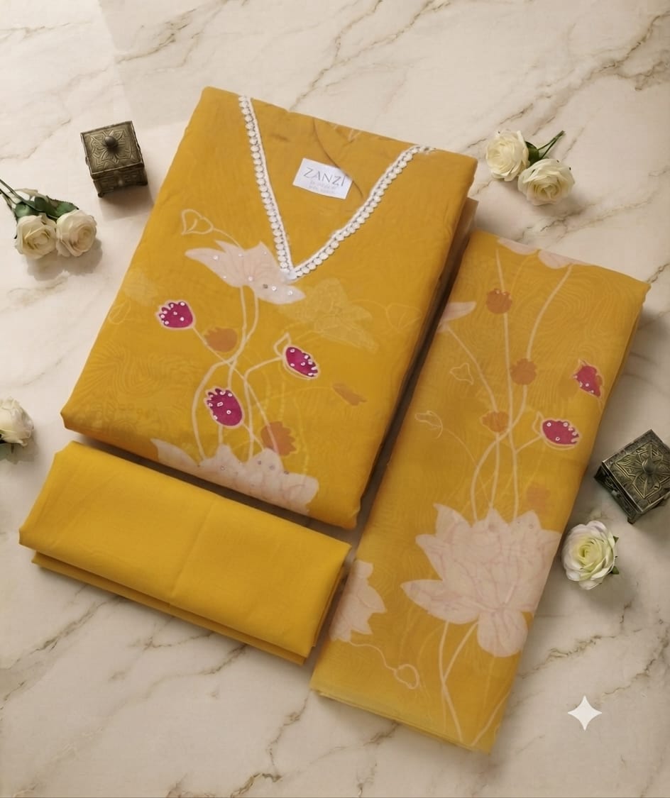 Elegant Mustard Yellow Floral Printed Kurta Set with Dupatta for Women