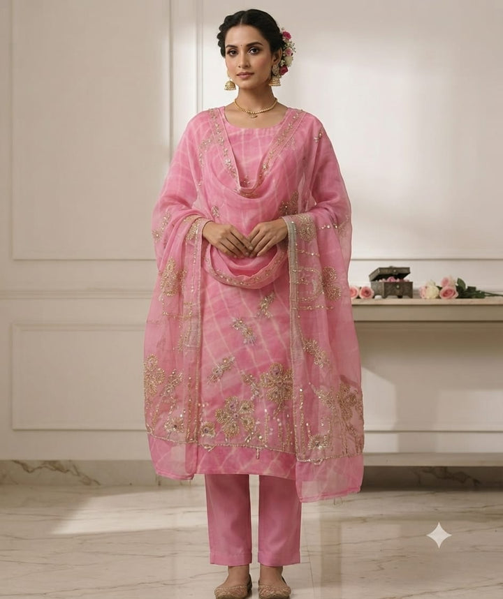 Elegant Pink Embroidered Kurta Set with Organza Dupatta for Women