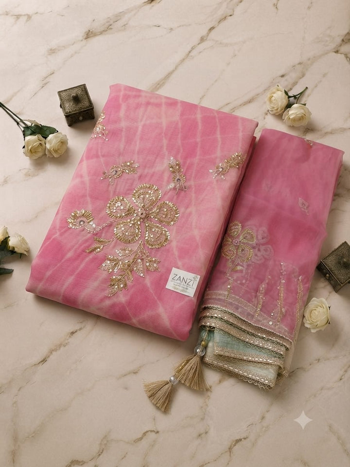 Elegant Pink Embroidered Kurta Set with Organza Dupatta for Women