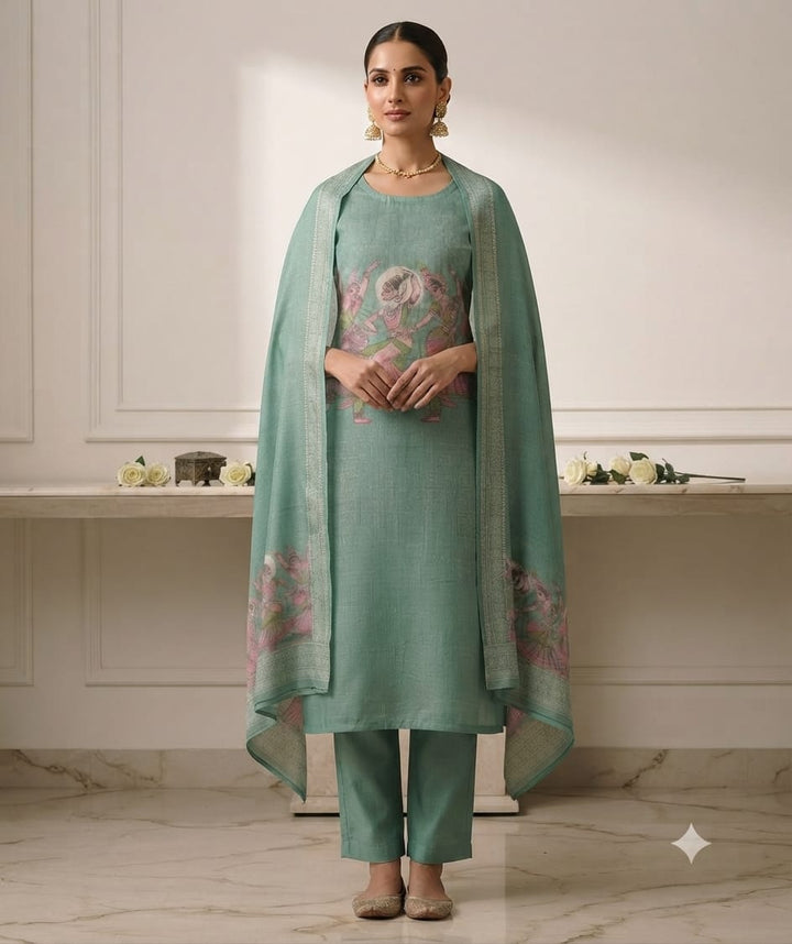 Elegant Sage Green Printed Kurta Set with Dupatta for Women