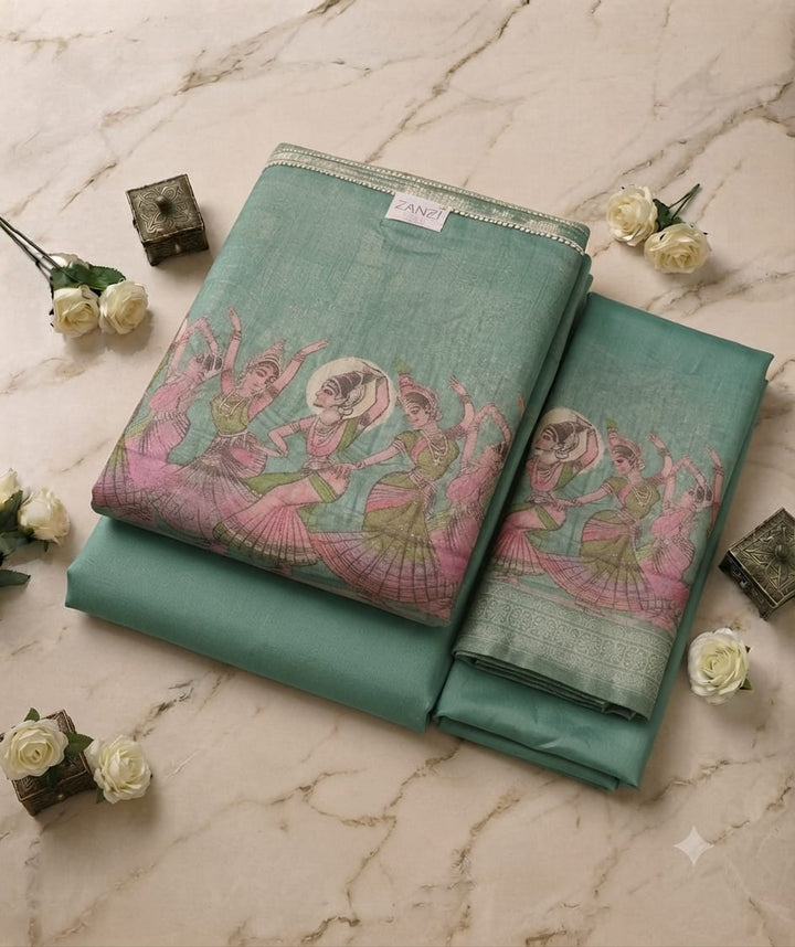 Elegant Sage Green Printed Kurta Set with Dupatta for Women