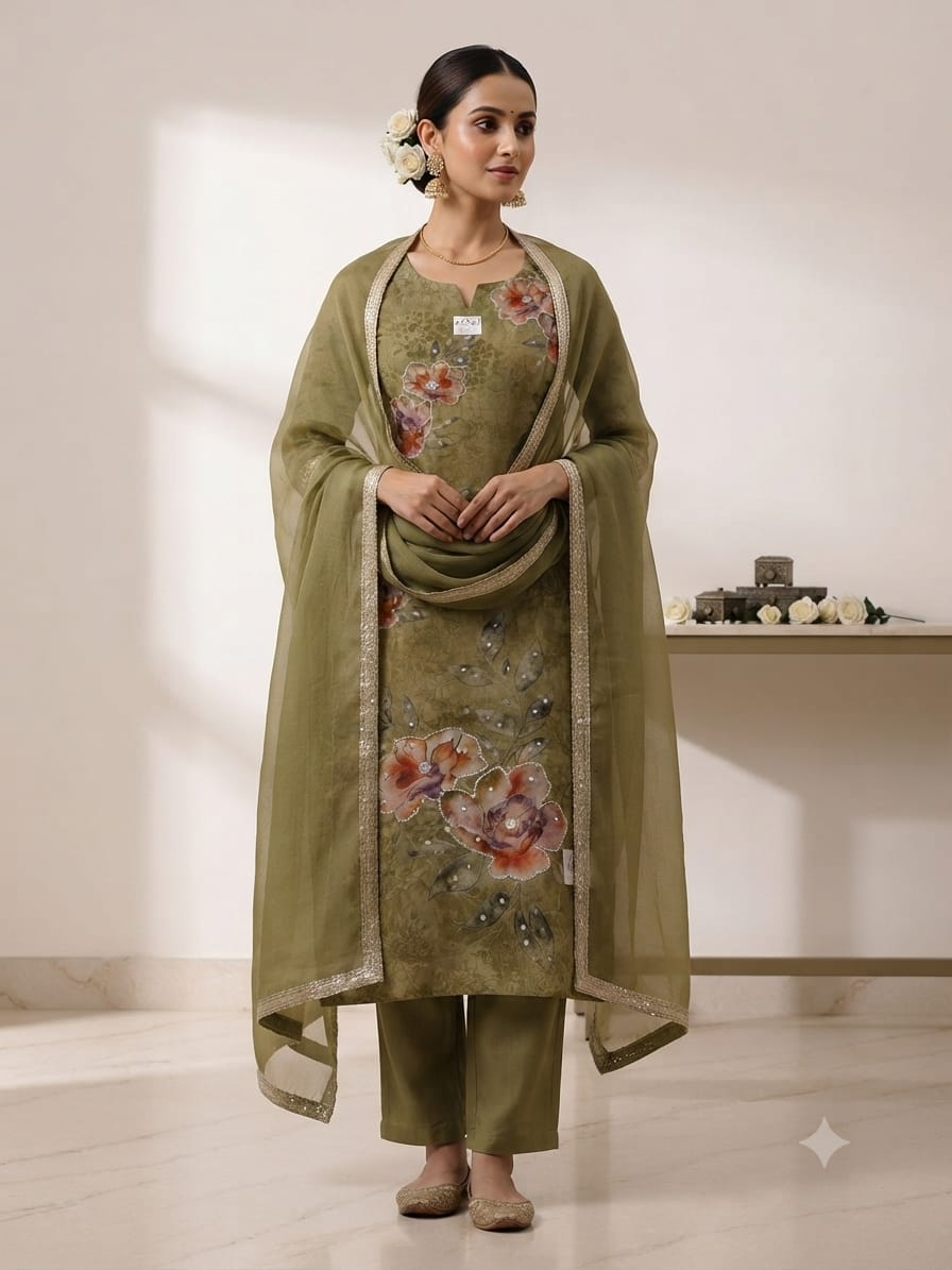 Elegant Olive Green Floral Printed Kurta Set with Organza Dupatta for Women