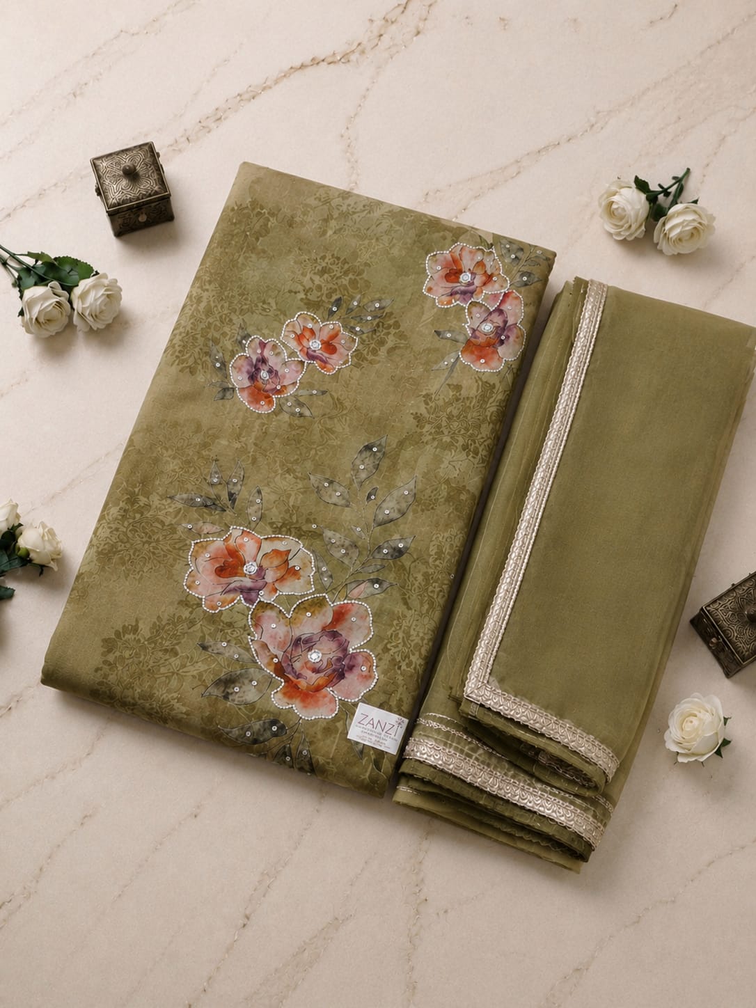 Elegant Olive Green Floral Printed Kurta Set with Organza Dupatta for Women