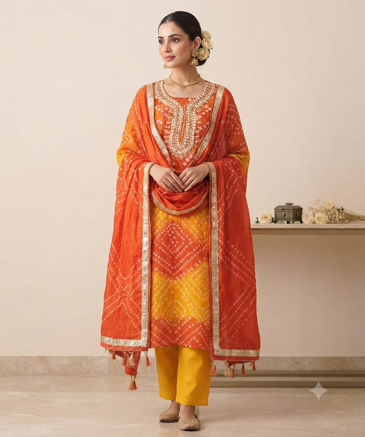 Elegant Orange Bandhani Printed Kurta Set with Dupatta for Women
