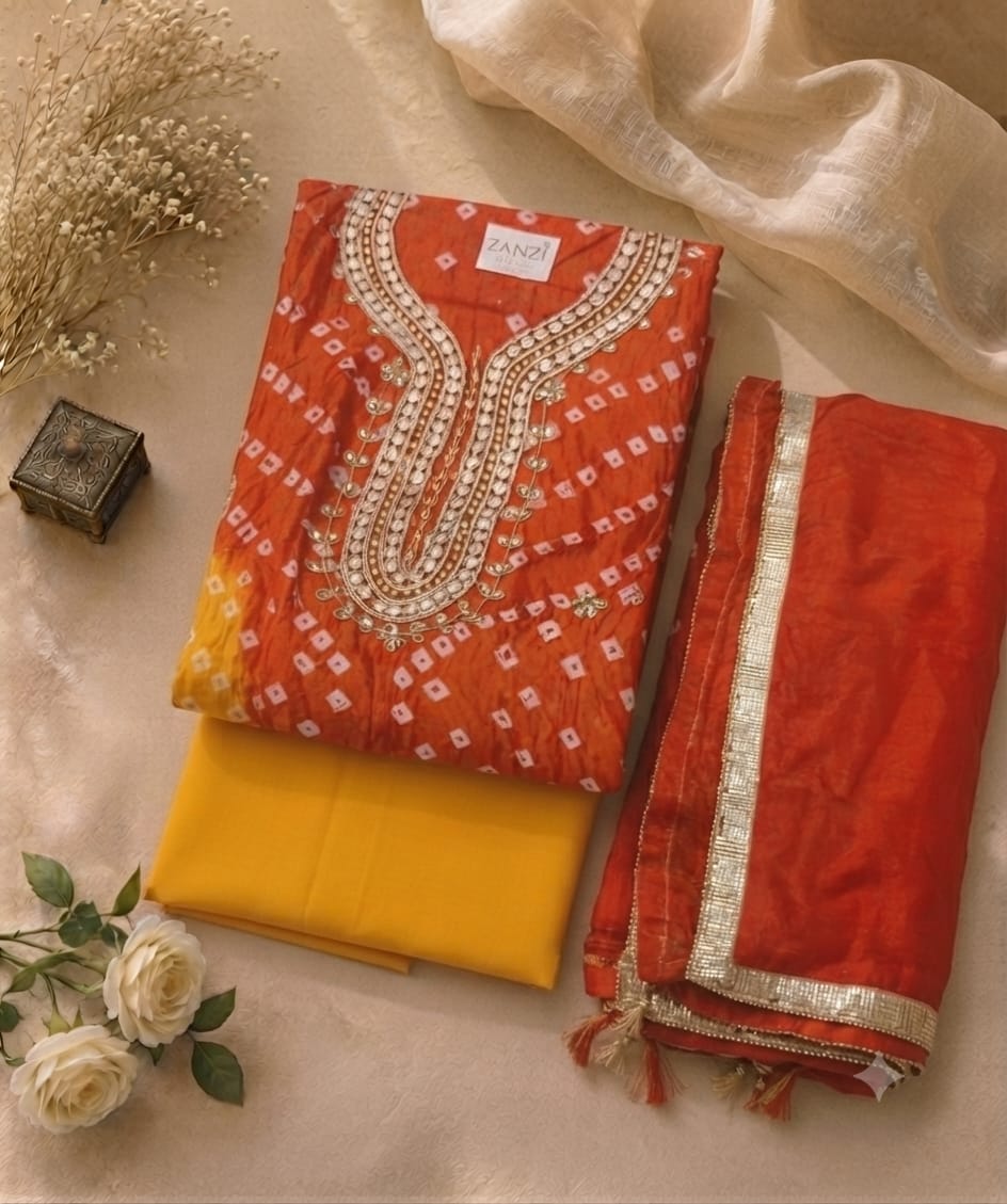 Elegant Orange Bandhani Printed Kurta Set with Dupatta for Women