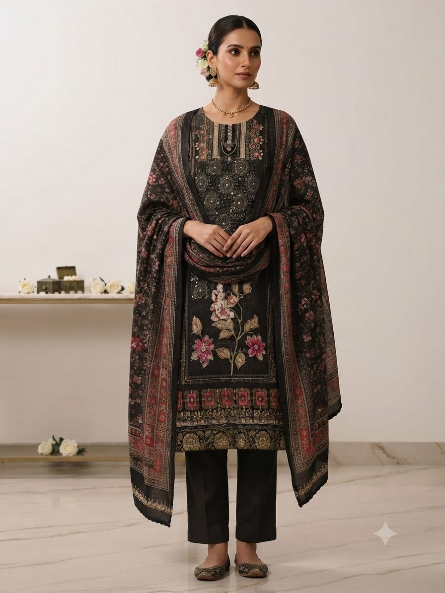 Elegant Black Floral Printed Kurta Set with Dupatta for Women