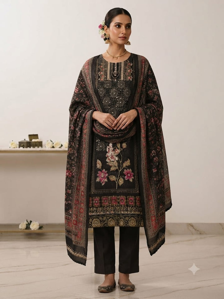 Elegant Black Floral Printed Kurta Set with Dupatta for Women