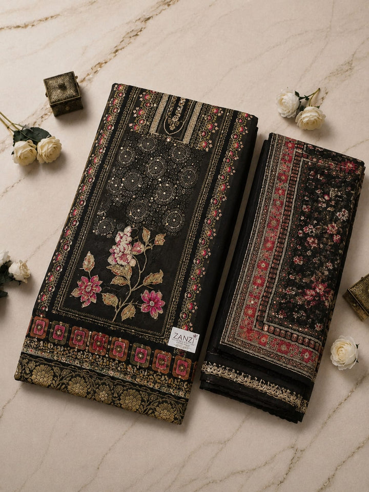 Elegant Black Floral Printed Kurta Set with Dupatta for Women