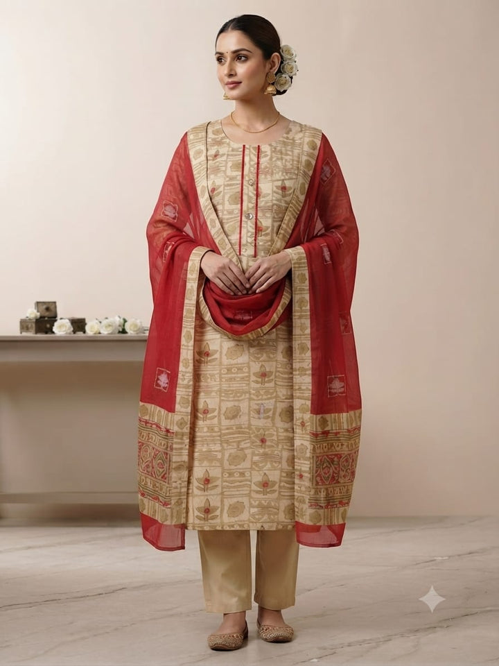 Elegant Beige Printed Kurta Set with Red Organza Dupatta for Women