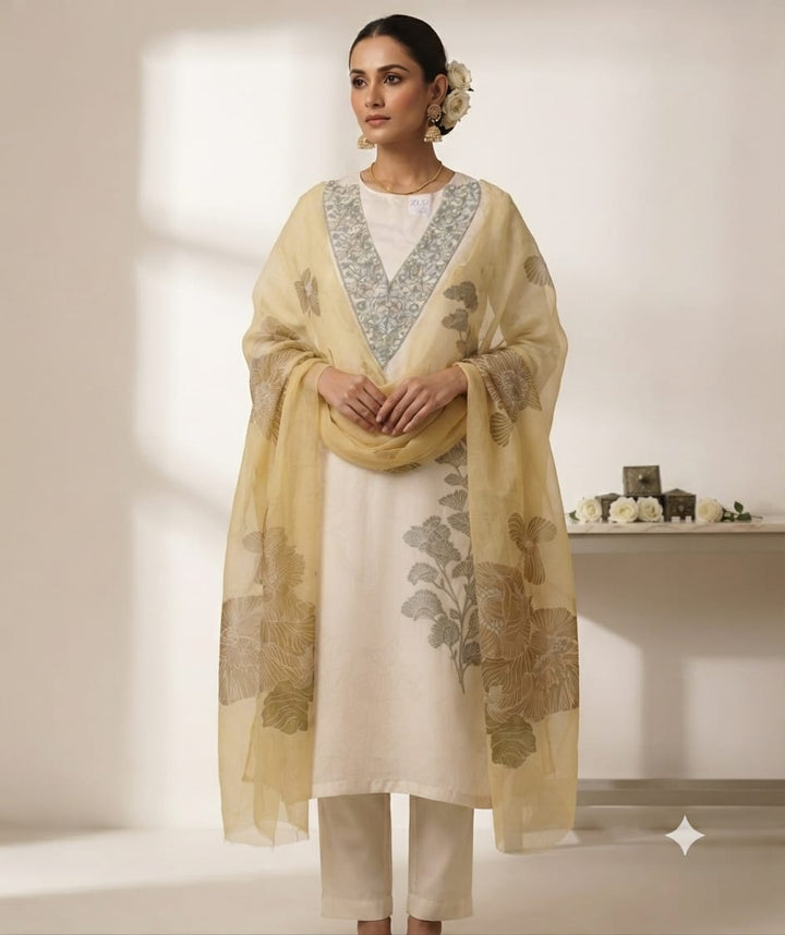 Elegant Off-White Embroidered Kurta Set with Floral Organza Dupatta for Women