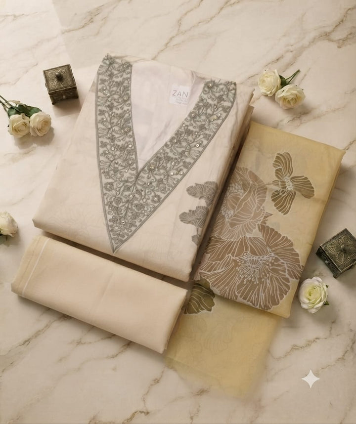 Elegant Off-White Embroidered Kurta Set with Floral Organza Dupatta for Women