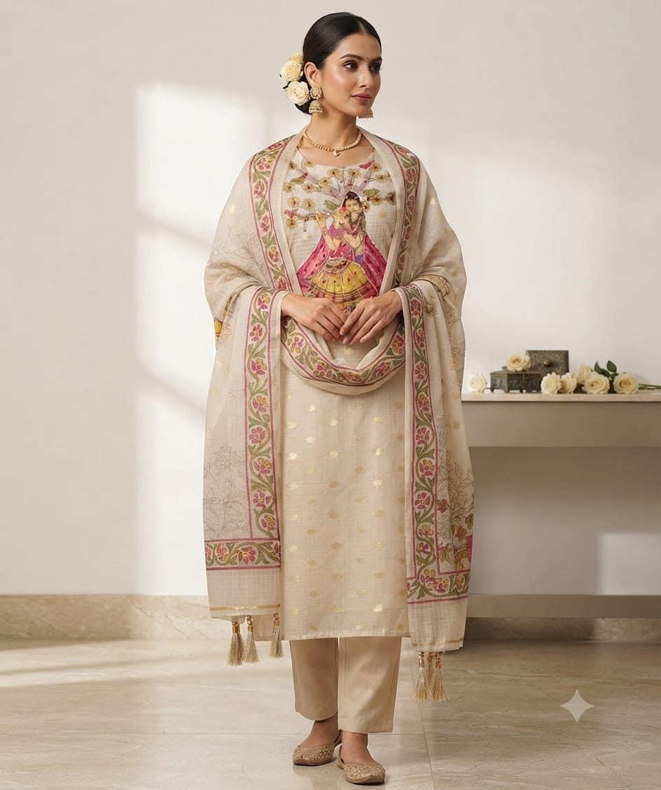 Elegant Beige Printed Kurta Set with Designer Dupatta for Women