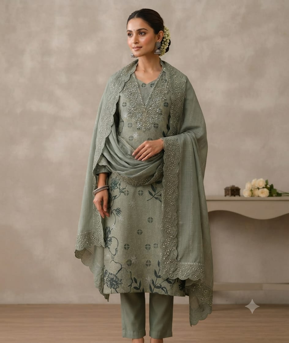 Elegant Sage Green Embroidered Kurta Set with Scalloped Dupatta for Women