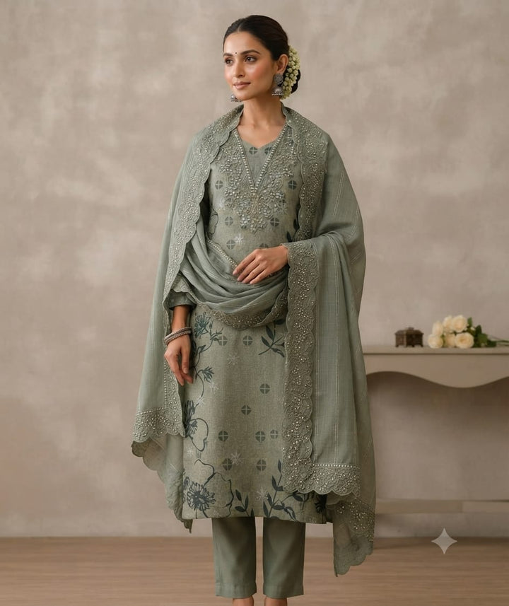 Elegant Sage Green Embroidered Kurta Set with Scalloped Dupatta for Women