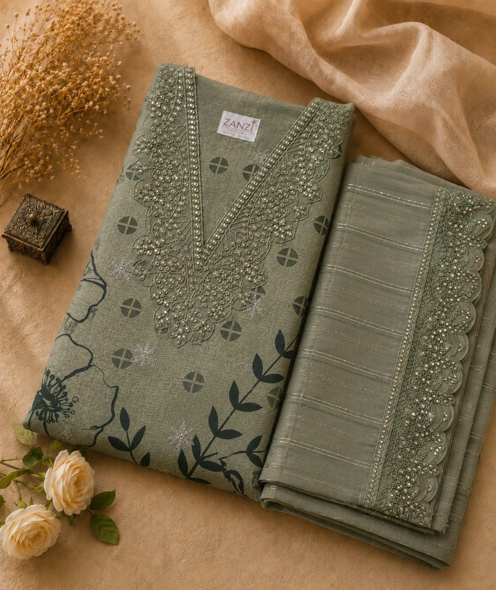 Elegant Sage Green Embroidered Kurta Set with Scalloped Dupatta for Women