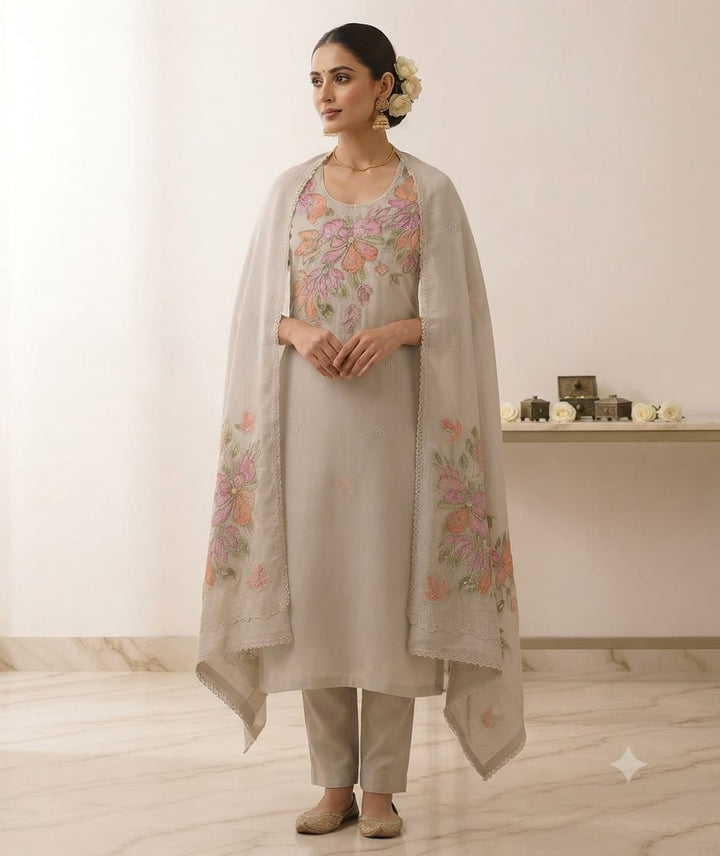 Women's Grey Floral Embroidered Kurta Set with Dupatta | Elegant Ethnic Wear