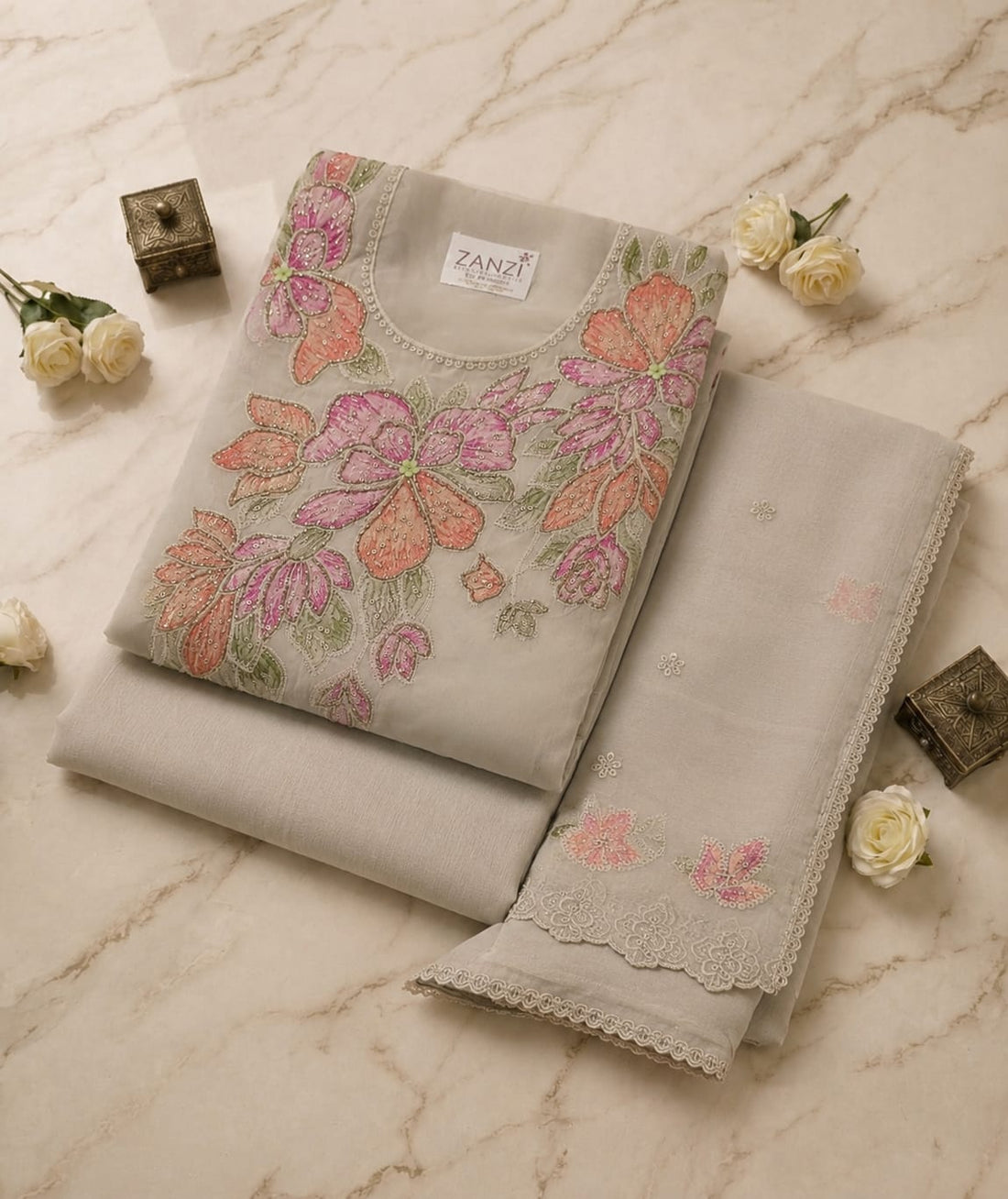 Women's Grey Floral Embroidered Kurta Set with Dupatta | Elegant Ethnic Wear