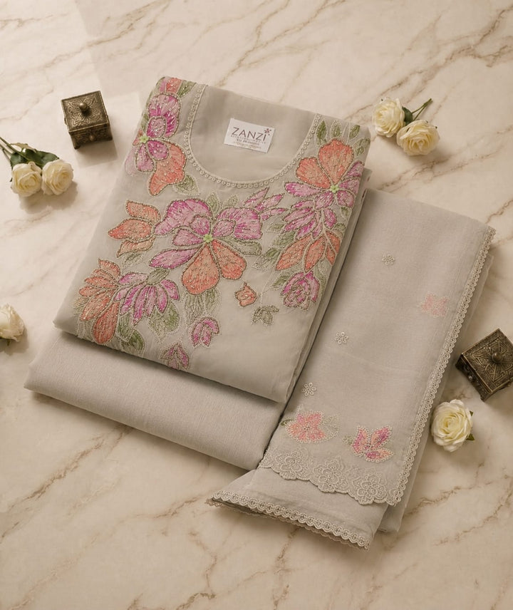 Women's Grey Floral Embroidered Kurta Set with Dupatta | Elegant Ethnic Wear