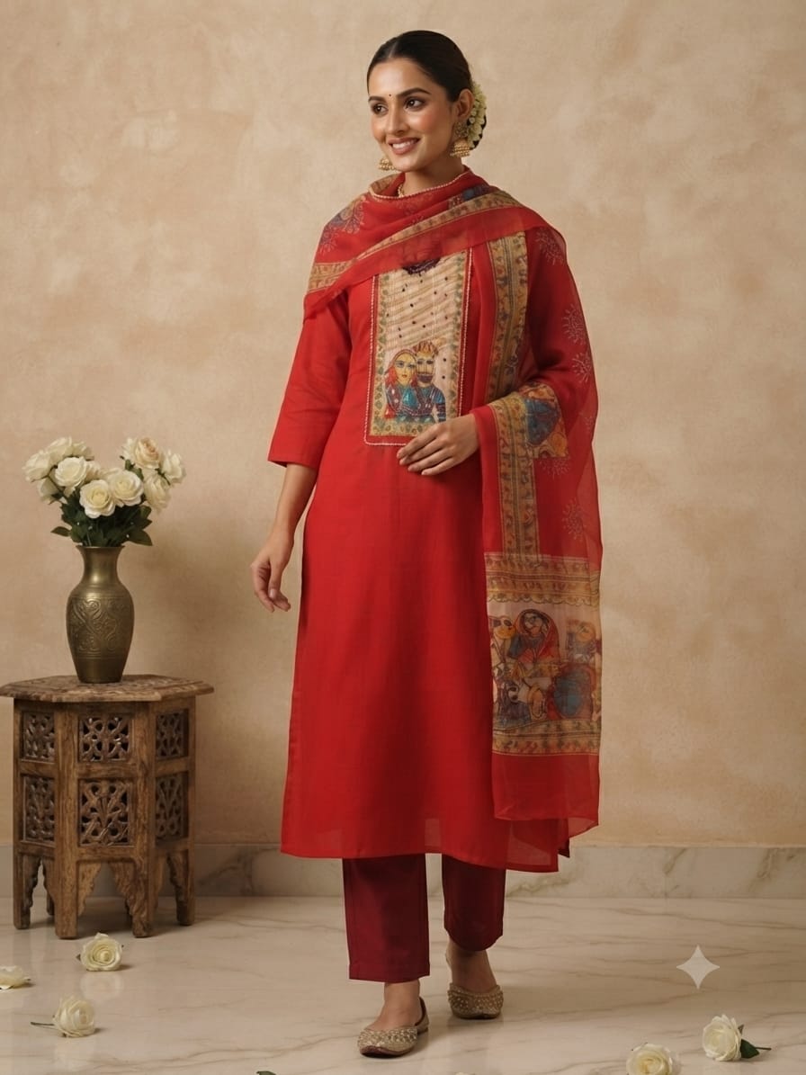 Women's Red Printed Kurta Set with Designer Dupatta | Traditional Ethnic Wear