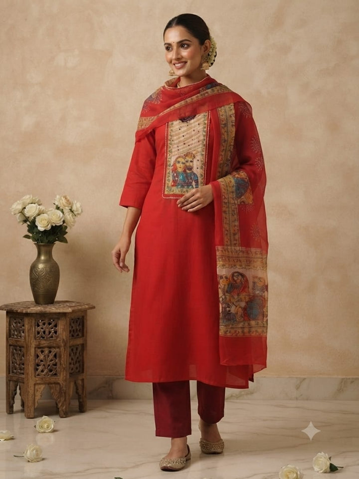 Women's Red Printed Kurta Set with Designer Dupatta | Traditional Ethnic Wear