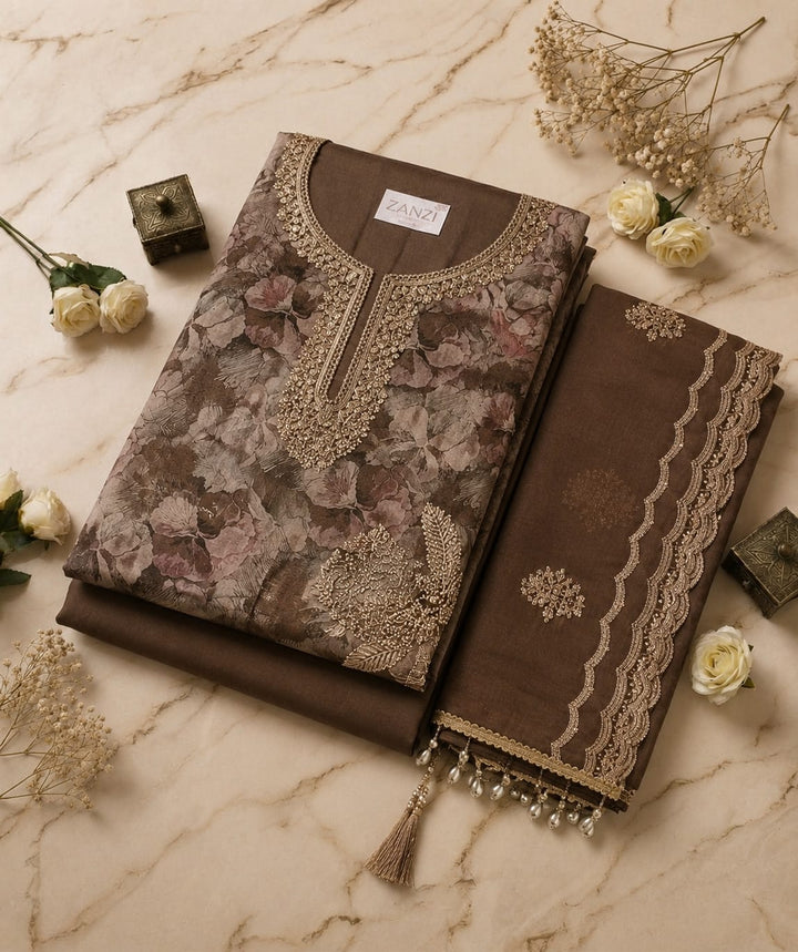 Women's Brown Floral Embroidered Kurta Set with Designer Dupatta | Premium Ethnic Wear