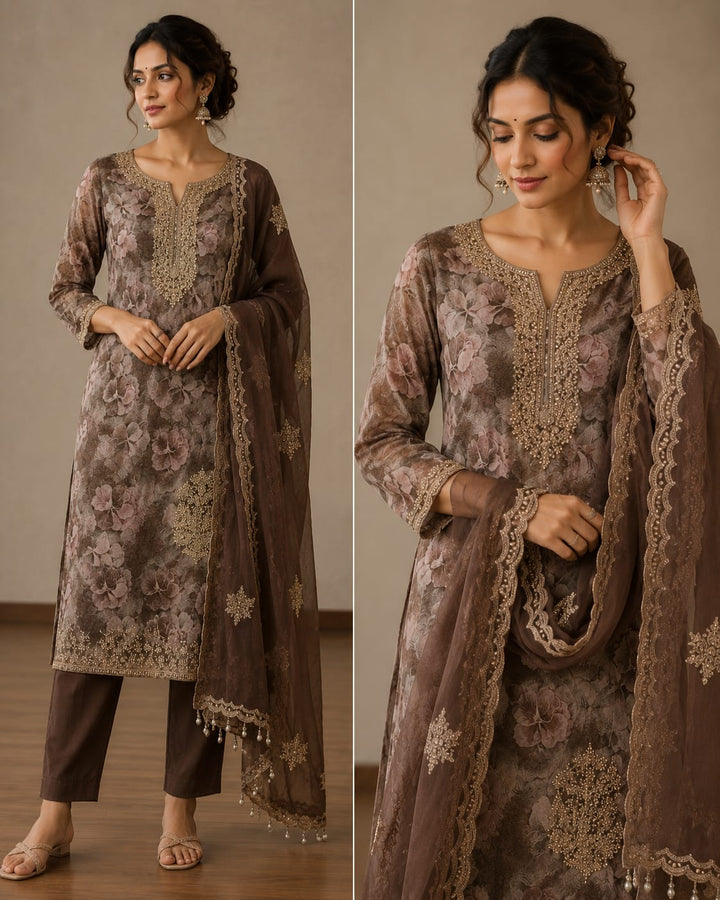 Women's Brown Floral Embroidered Kurta Set with Designer Dupatta | Premium Ethnic Wear