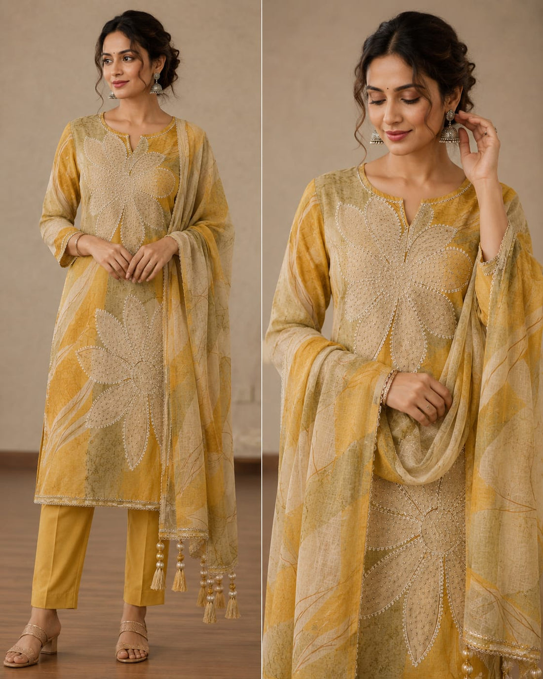 Women's Mustard Floral Embroidered Kurta Set with Printed Dupatta | Premium Ethnic Wear