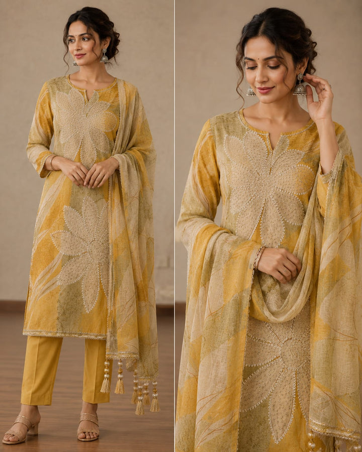 Women's Mustard Floral Embroidered Kurta Set with Printed Dupatta | Premium Ethnic Wear