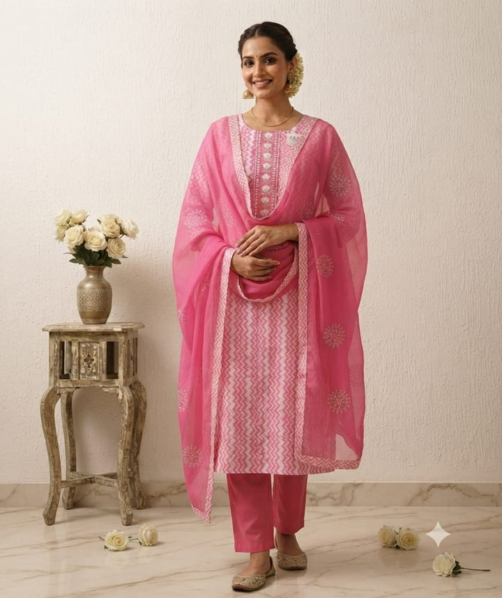 Women's Pink Printed Kurta Set with Embroidered Dupatta | Elegant Ethnic Wear