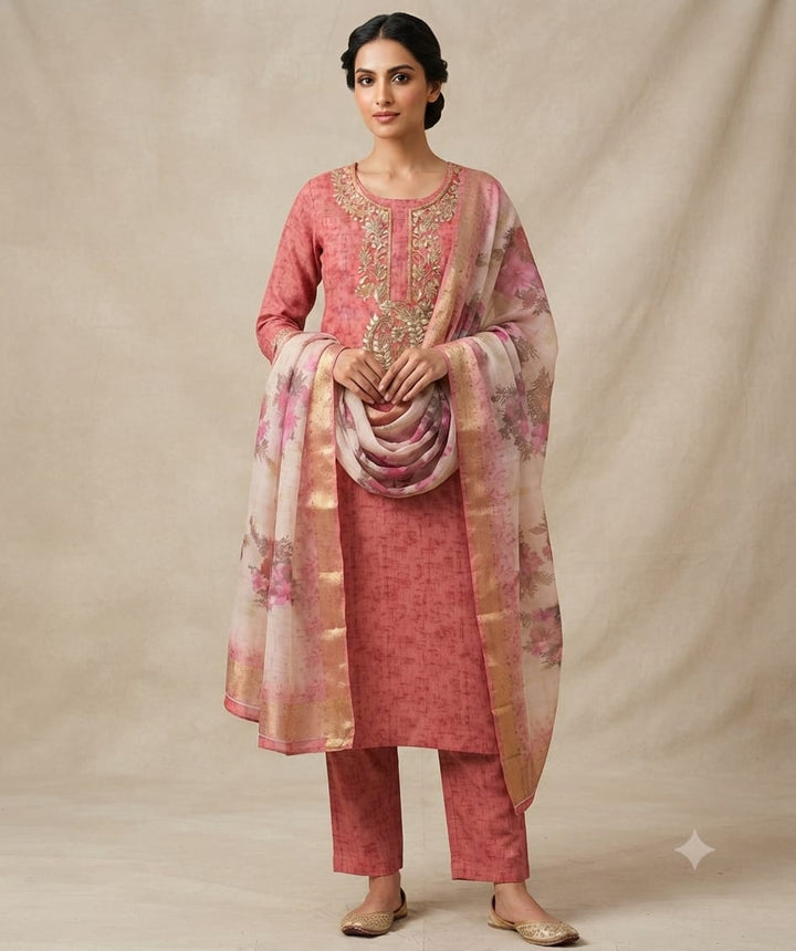 Women's Dusty Rose Embroidered Kurta Set with Floral Printed Dupatta | Premium Ethnic Wear