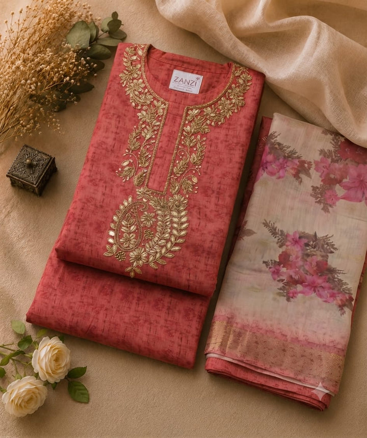 Women's Dusty Rose Embroidered Kurta Set with Floral Printed Dupatta | Premium Ethnic Wear