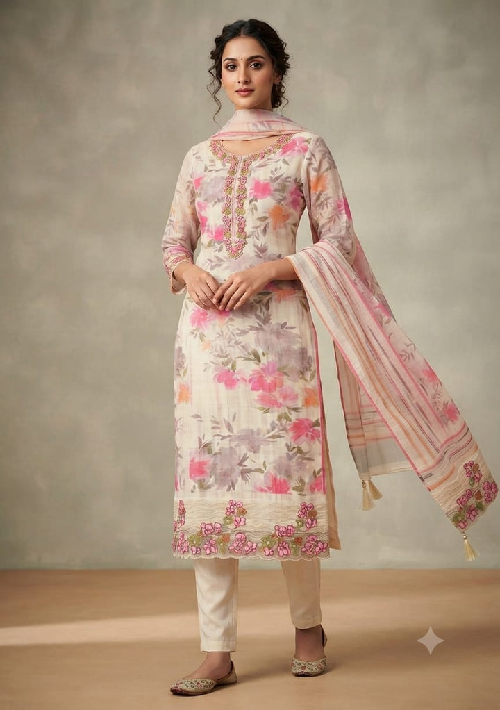 Women's Ivory Floral Printed Kurta Set with Embroidered Neckline & Dupatta | Premium Ethnic Wear