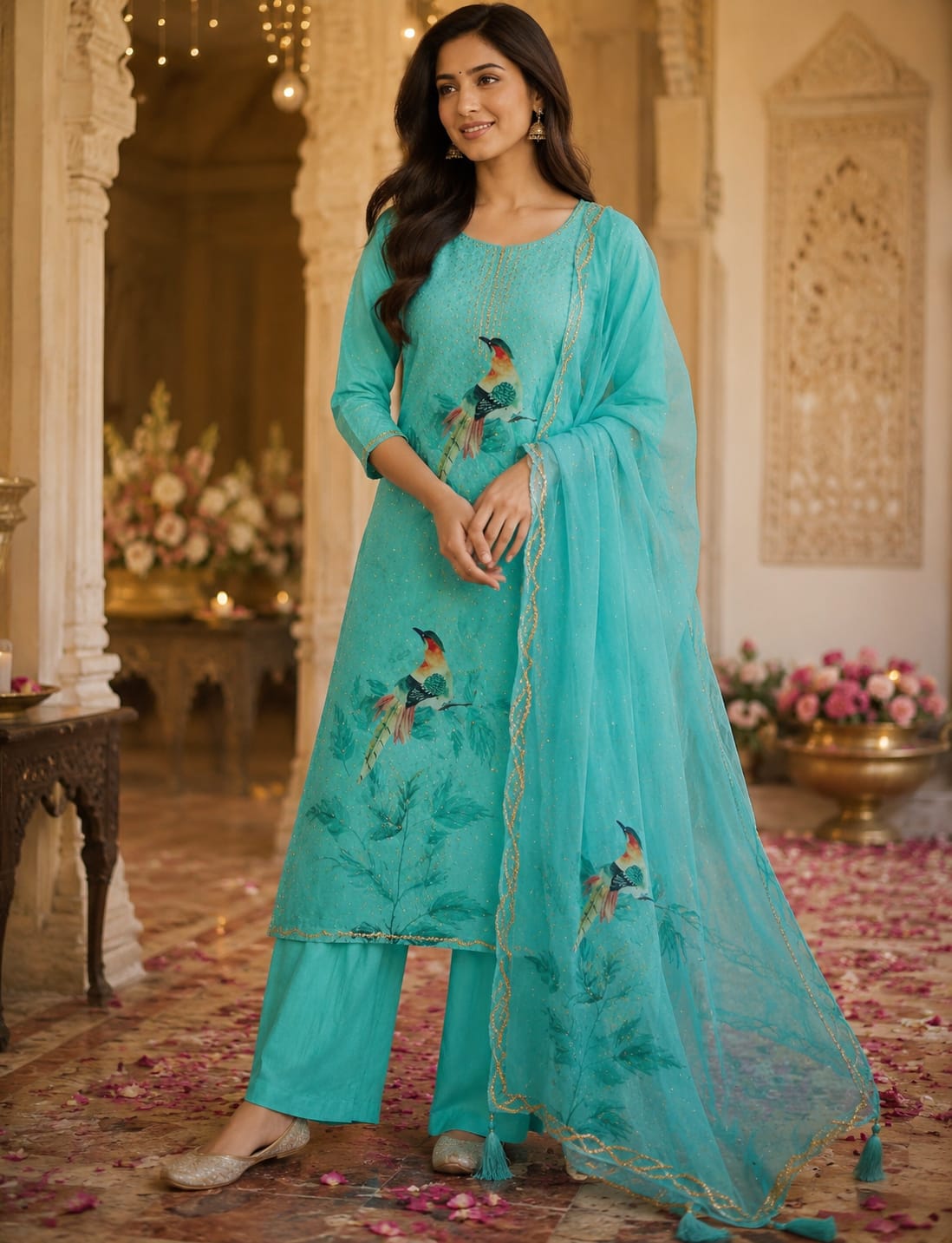 Women's Turquoise Bird Print Kurta Set with Designer Dupatta | Premium Ethnic Wear