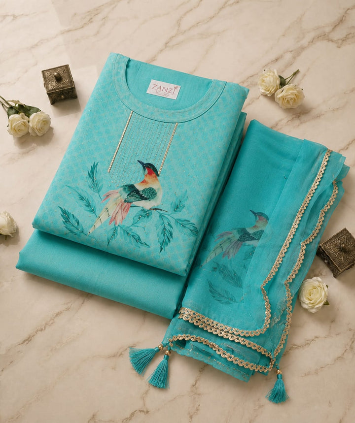 Women's Turquoise Bird Print Kurta Set with Designer Dupatta | Premium Ethnic Wear