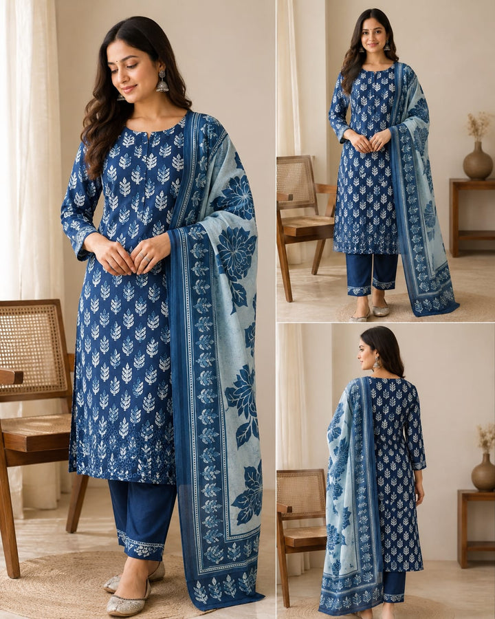 Women's Indigo Blue Printed Kurta Set with Designer Dupatta | Premium Ethnic Wear