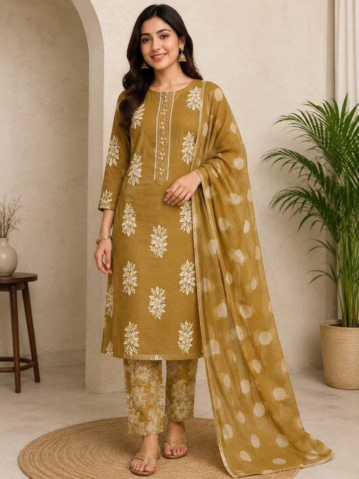 Women's Olive Green Printed Kurta Set with Polka Dot Dupatta | Premium Ethnic Wear