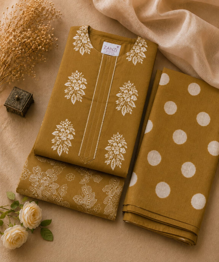 Women's Olive Green Printed Kurta Set with Polka Dot Dupatta | Premium Ethnic Wear